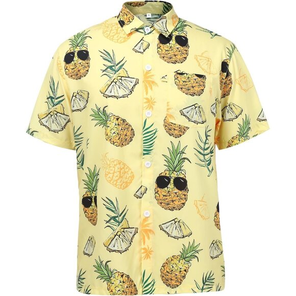 Men Yellow Hawaiian Shirt Pineapple Print Short Sleeve Button Up Casual Top - Picture 1 of 8